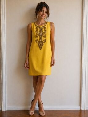 Ellen Tracy | Yellow Embellished Shift Dress | Beaded Neckline Sleeveless Sheath
